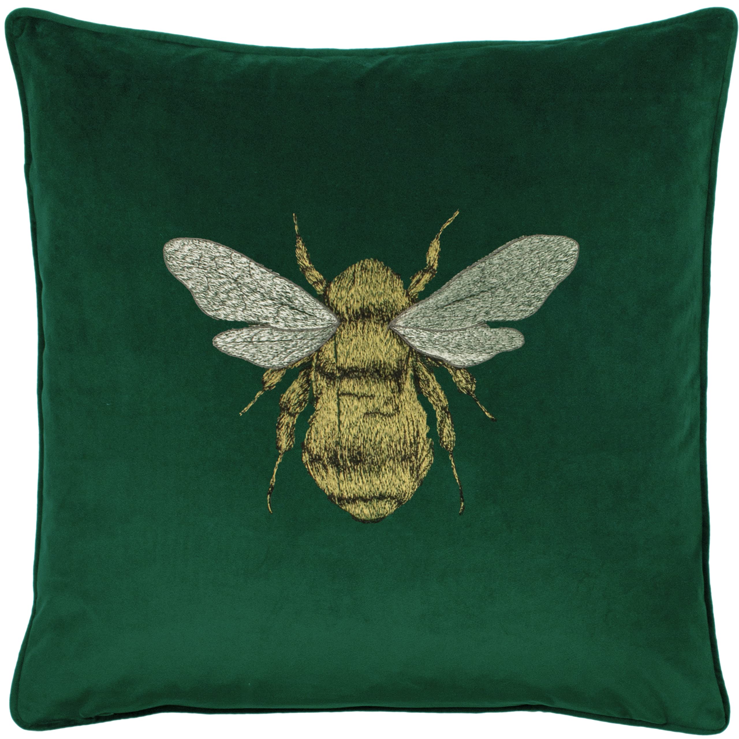 Paoletti Hortus Cushion Cover – Bee Embroidered, Luxurious Velvet Accent, Square Cushion Cover (Green Emerald – 50x50 cm)