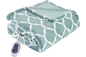 Beautyrest Ogee Printed Plush Electric Blanket for Cold Weather, Fast Heating, Auto Shut Off, Virtually Zero EMF, Multi Heat Setting, UL Certified, Machine Washable, Aqua Oversized Throw 60x70