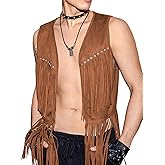 Verdusa Men's Sleeveless V Neck Studded Detail Fringe Trim Open Front Vest Jacket