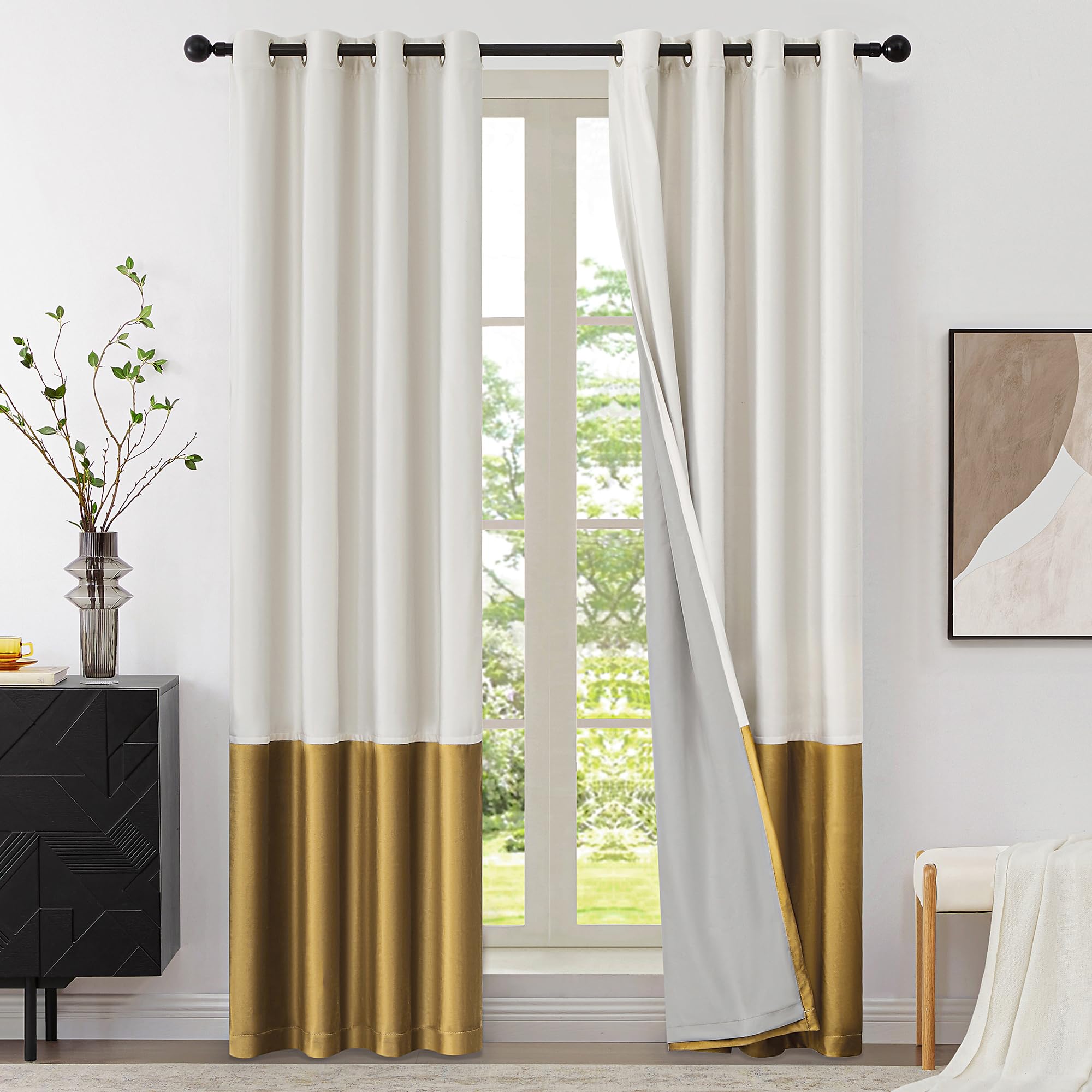 Photo 1 of BULBUL Cream 100% Full Blackout Velvet Curtains,108 inches Long Ivory Gold Modern Liner Curtains Thermal Drapes Panels for Living Room Bedroom Grommet Set of 2