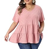 Agnes Orinda Plus Size Top for Women Summer V Neck Short Sleeve Shirts Eyelet Flowy Casual Babydoll Blouses
