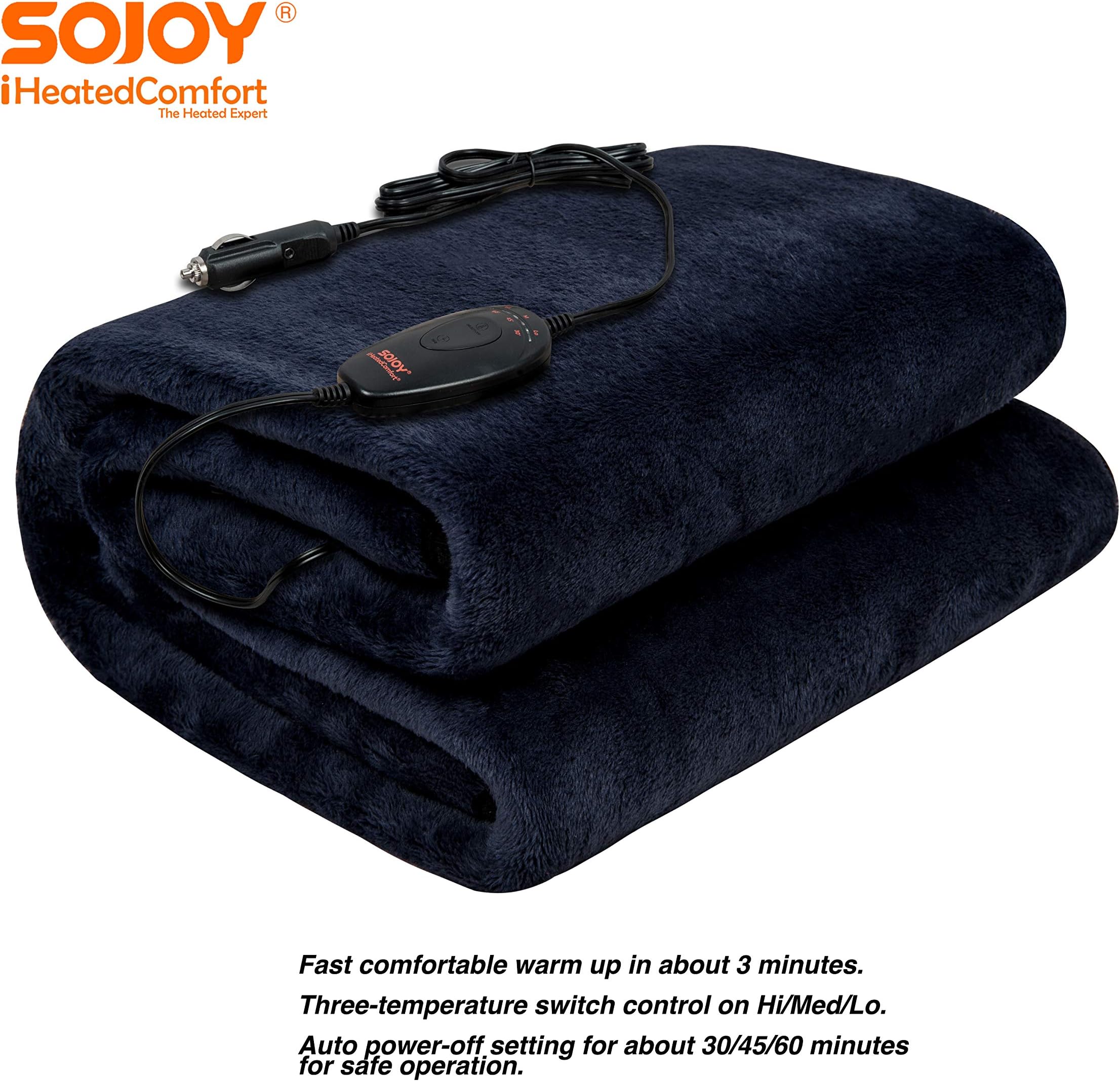 SOJOY 12V Heated Smart Multifunctional Travel Machine Washable Electric Blanket for Car, Truck, Boats or RV with High/Low Temp Control (55"x 40") (Navy Blue)