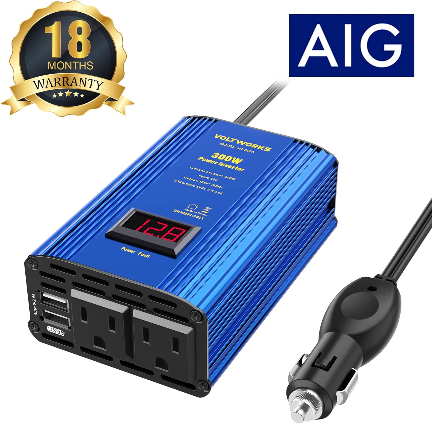 Power Inverter 300W Car Inverter DC 12V to 110V AC Converter with LED Voltage Display & 4.8A Dual USB Car Adapter Charger by VOLTWORKS: Electronics