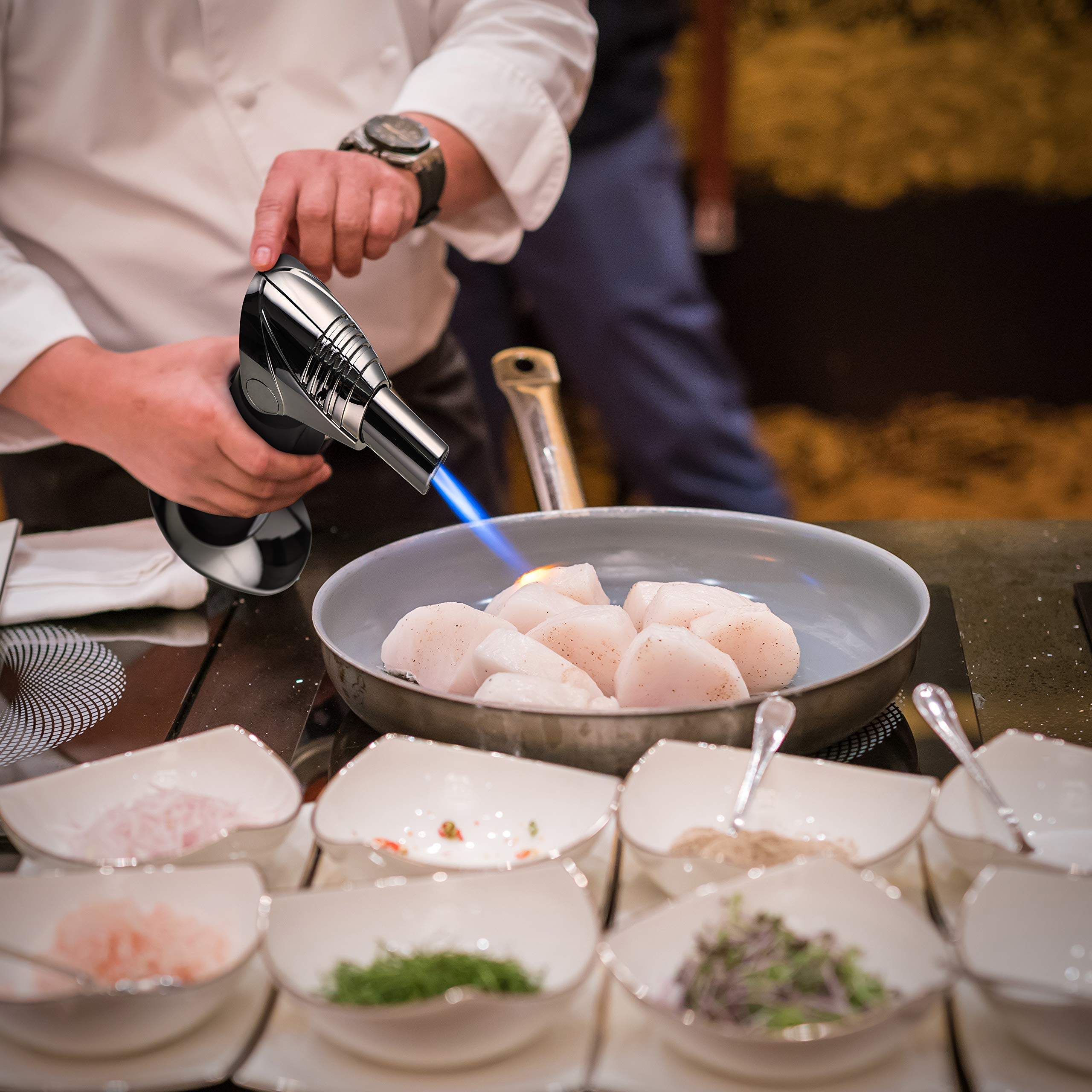 PREMIUM Crème Brûlée Torch – The Ultimate Kitchen Food Torch – Windproof, Use at Any Angle, Safety Switch, Ergonomic Matte Black Grip – Culinary Butane Blow Torch 2,700°F – by Jo Chef