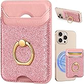 Shorogyt Compatible with Magsafe Wallet Magnetic Card Holder - Phone Wallets with Ring Grip Stand Cute Fashion for iPhone 17/16/15/14/13/12 Series for Women Girls Glitter Pk Design, Fit 3 Cards