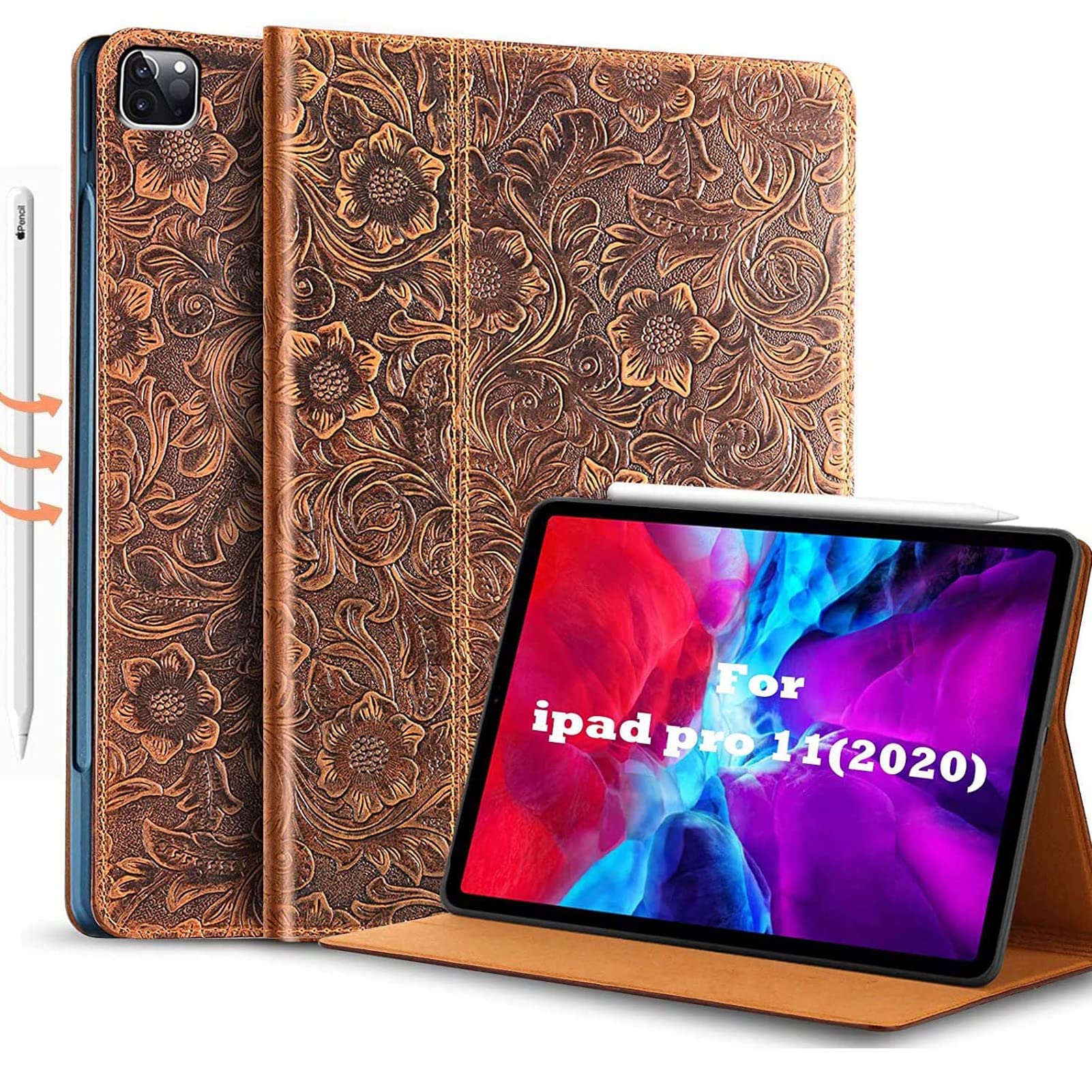 Gexmil for iPad Pro 11 Inch Case 2022/2021/2020/2018(4th/3rd/2nd/1st Generation),Auto Wake/Sleep,Genuine Leather Case with Stand,Flower Brown