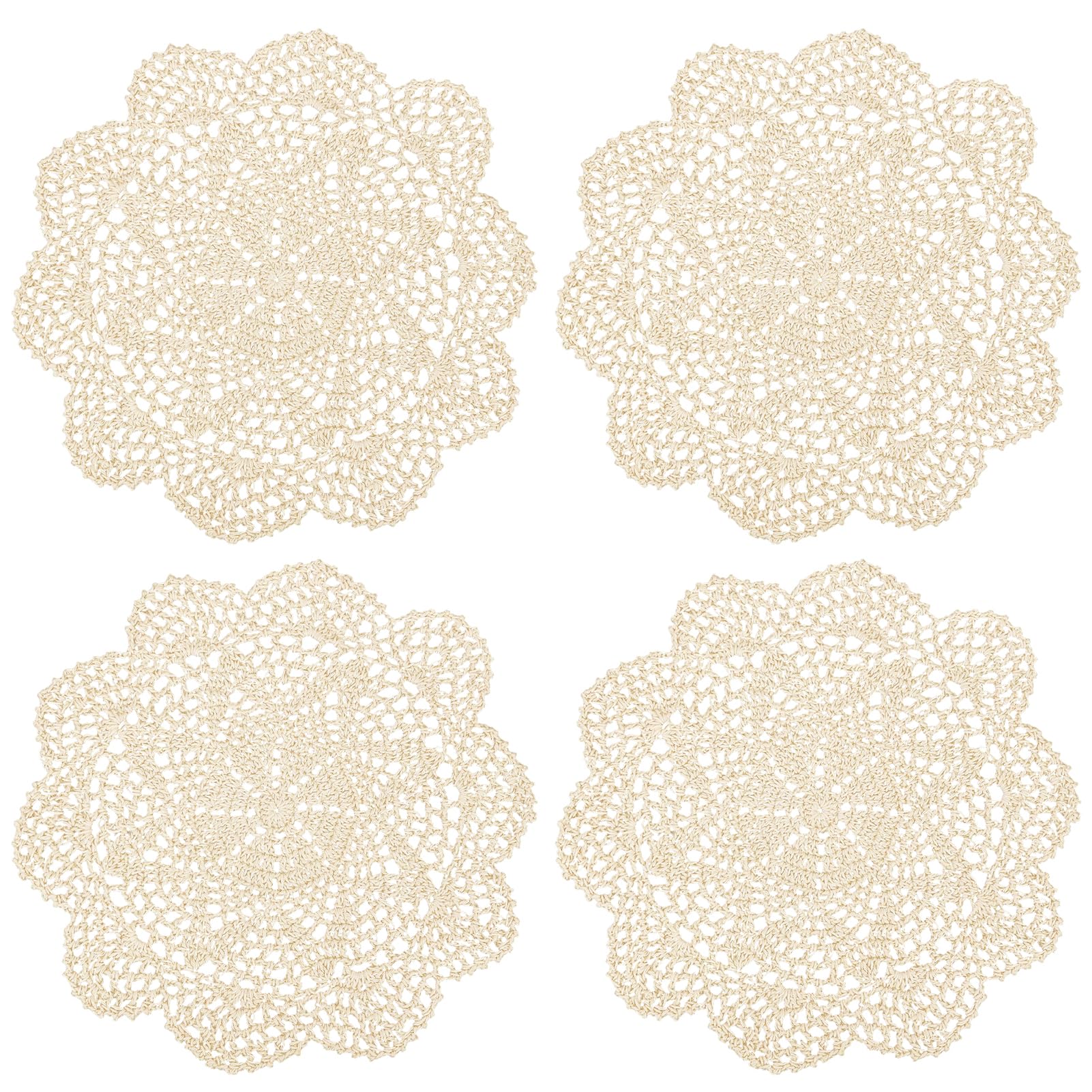 kilofly Crochet Cotton Lace Table Placemats Doilies Value Pack, 4pc, Roma, Beige, 10 inch