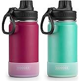 koodee Water Bottle for School 2 Pack 12 oz Stainless Steel Vacuum Insulated Wide Mouth Sports Water Bottle with Leakproof Spout Lid (Fuchsia Red-Teal)