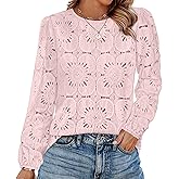 OFEEFAN Blouses for Women Dressy Casual Spring Tops 2026 Summer Outfits Flower Lace Crochet Long Sleeve Shirts
