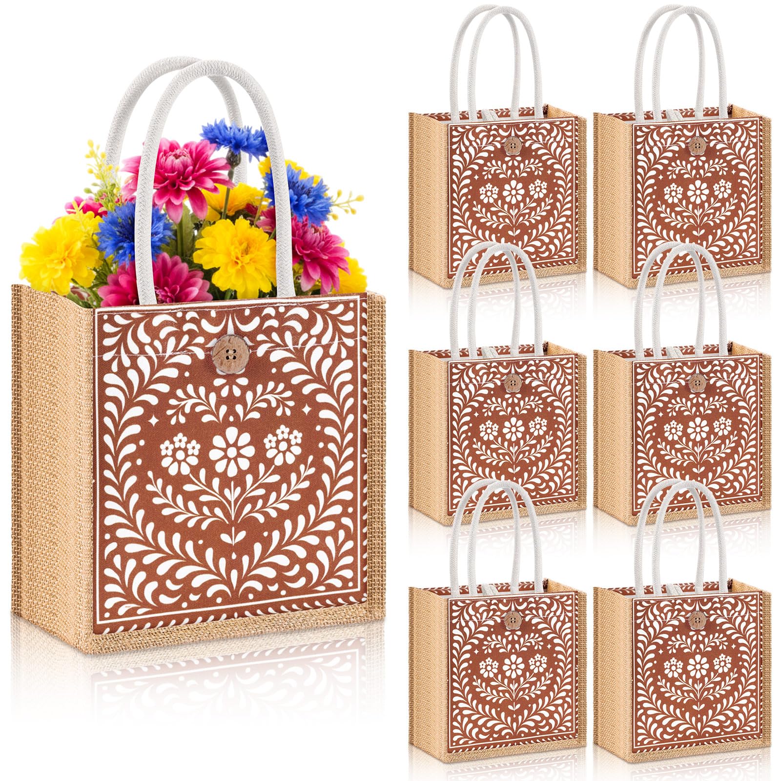 Photo 1 of Abbylike 6 Pcs Floral Gift Bag Mini Reusable Flower Cielito Lindo Burlap Goodie Tote with Handle Button for Wedding Bridal Shower Party Favor (Mexican Clay Flowers)