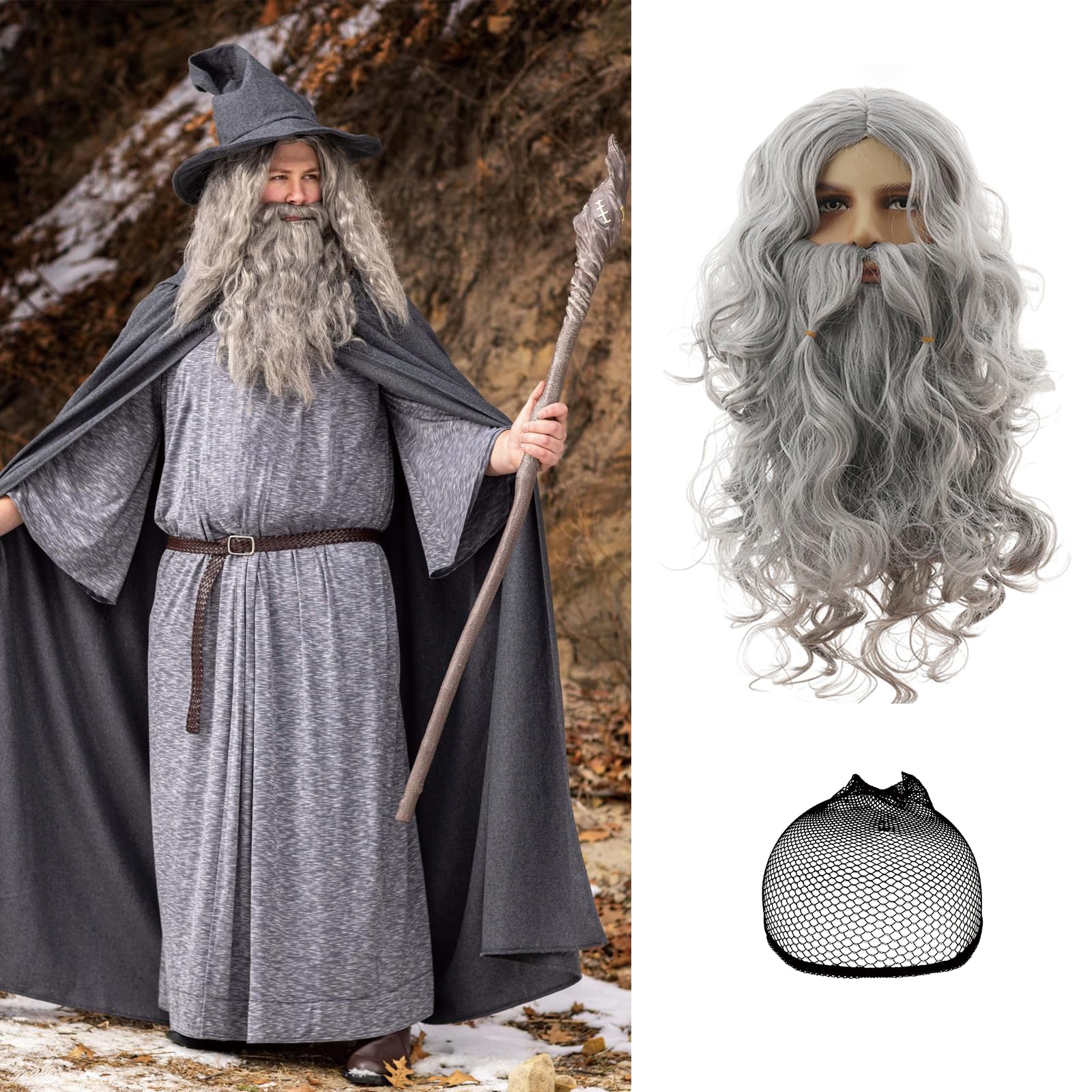 3Pcs Long Gray Wig for Men Costume Grey with Wig Cap and Beard Men’s Cosplay Synthetic Layered Hair Silver Man Wigs for Adults Men's Women for Costumes Cosplay Halloween Carnival Parties Anime