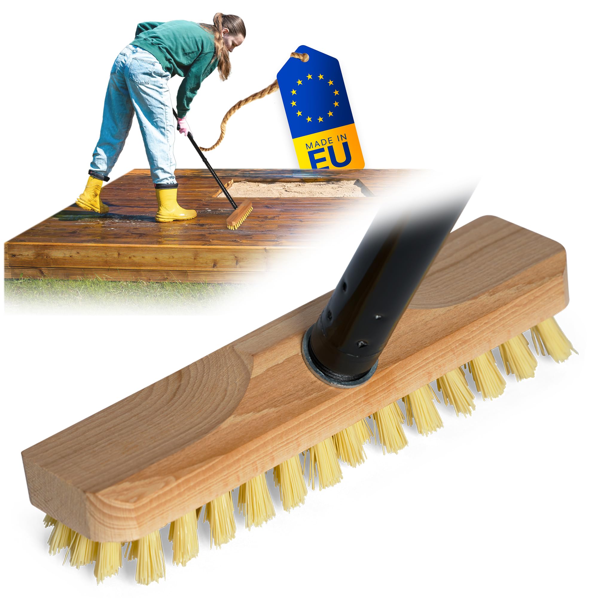 Novaliv Wooden Scrubber with Bristles Wiper with Thread and Screw Handle Four Piece Scrubbing Brush PPN Floor Brush Ideal for Cleaning Balcony Patio Garden Indoor and Outdoor Use
