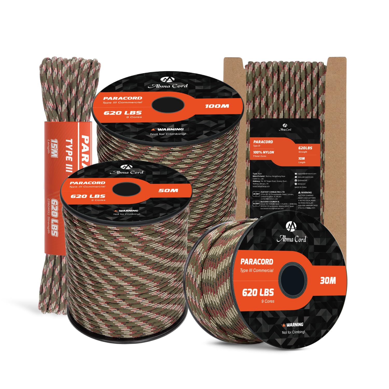 Abma Cord Paracord 4mm 15m 100% Nylon Rope 9 Strands Type III Parachute Cord for DIY, Camping, Survival, Outdoor - Max. 280kg - Forest Camo