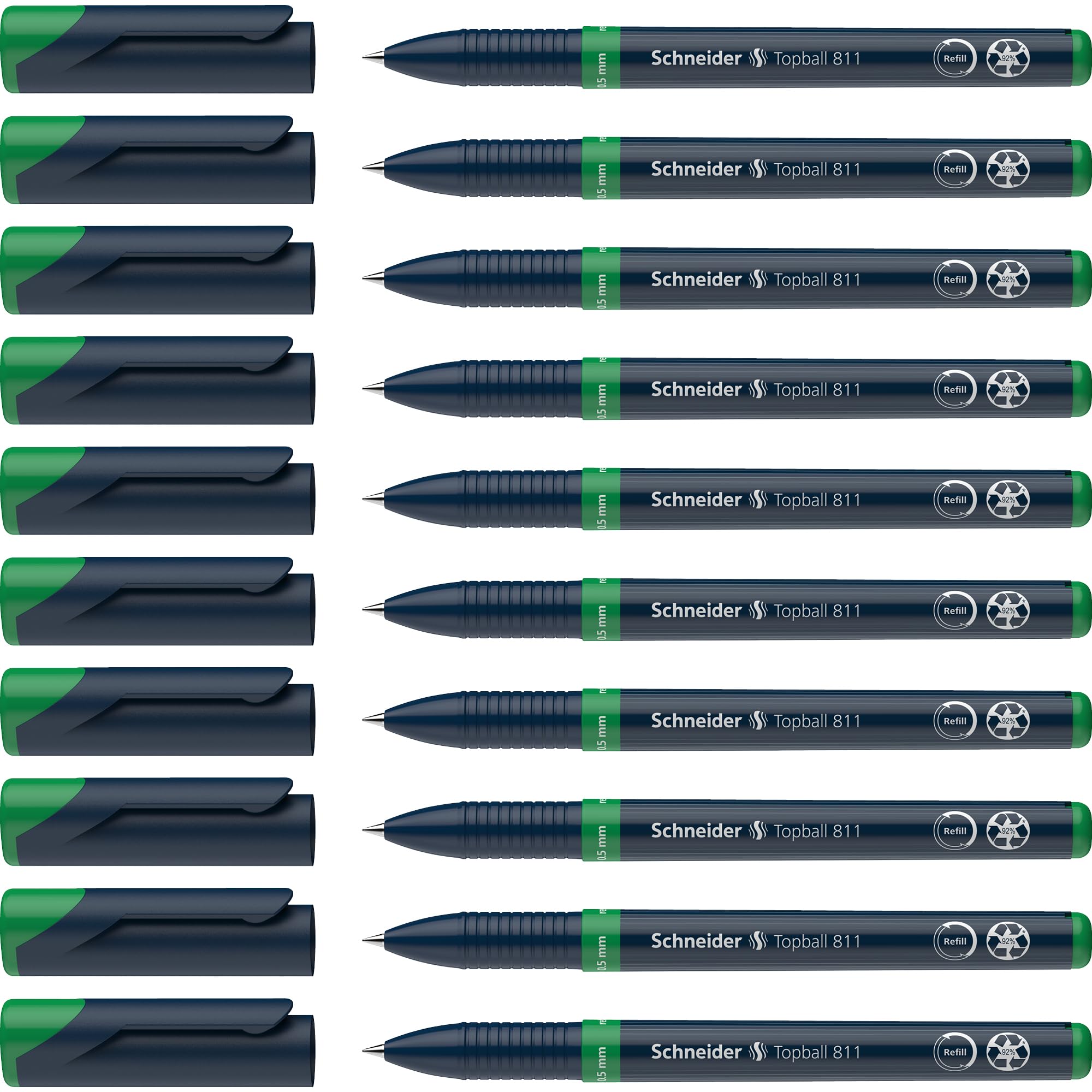Schneider Topball 811 Ink Roller Ball Pens with Replaceable Cartridge 0.5 mm Pack of 10 Green