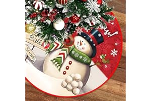 FLYINTOYS 48 inches Red Christmas Tree Skirt Snowman Xmas Tree Skirt with Green Scarves Red for Christmas Decorations Holiday Party Indoor Outdoor Home Decor (Snowman)