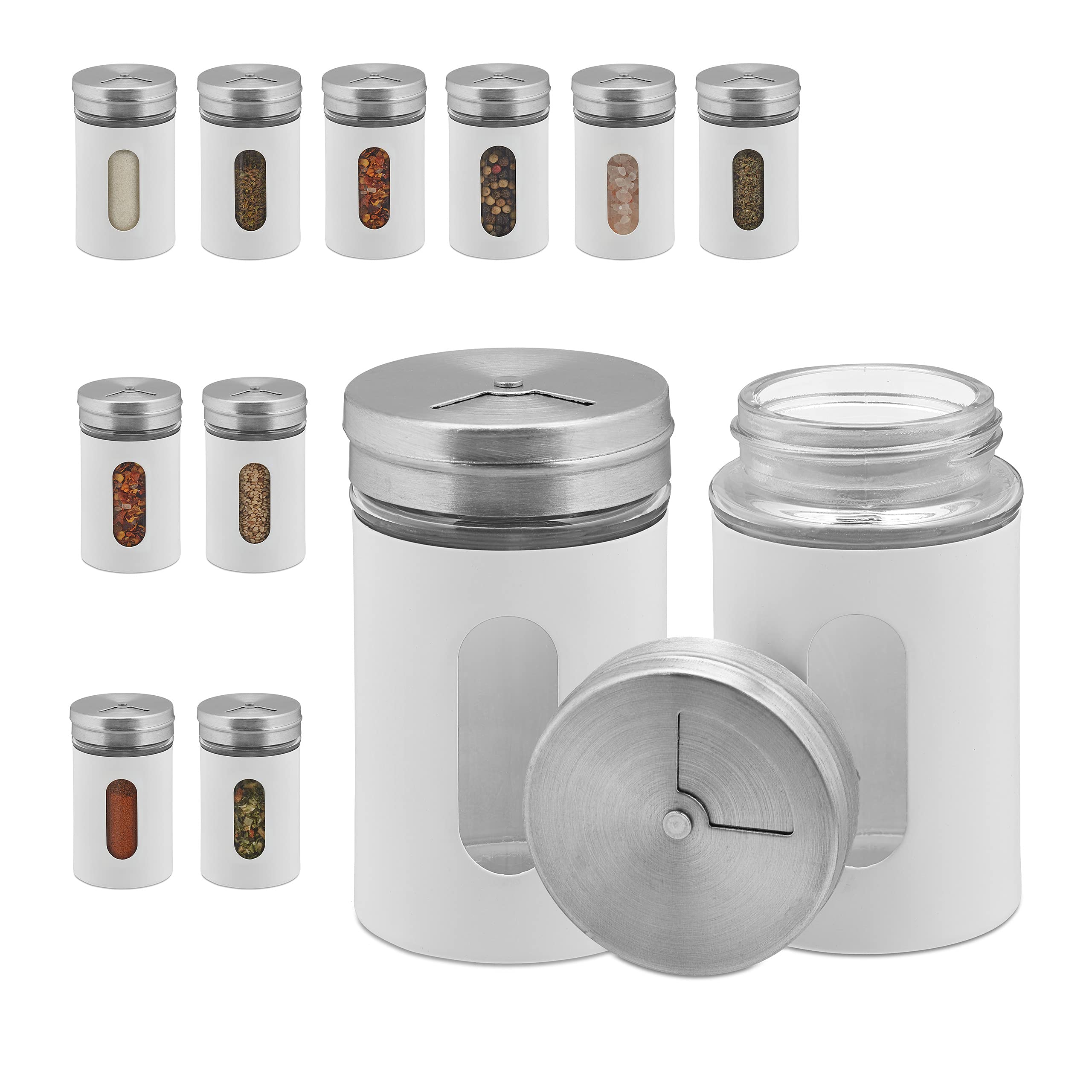 Relaxdays Spice Shakers, Set of 12, 3 Gravels, Spices & Herbs, Spice Jars, 90 ml, Glass & Stainless Steel, White/Silver,10034261_49