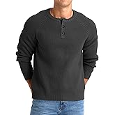 RQP Men's Henley Sweater Long Sleeve Button Crewneck Sweater Knit Sweater Casual Waffle Texture Pullover Sweater
