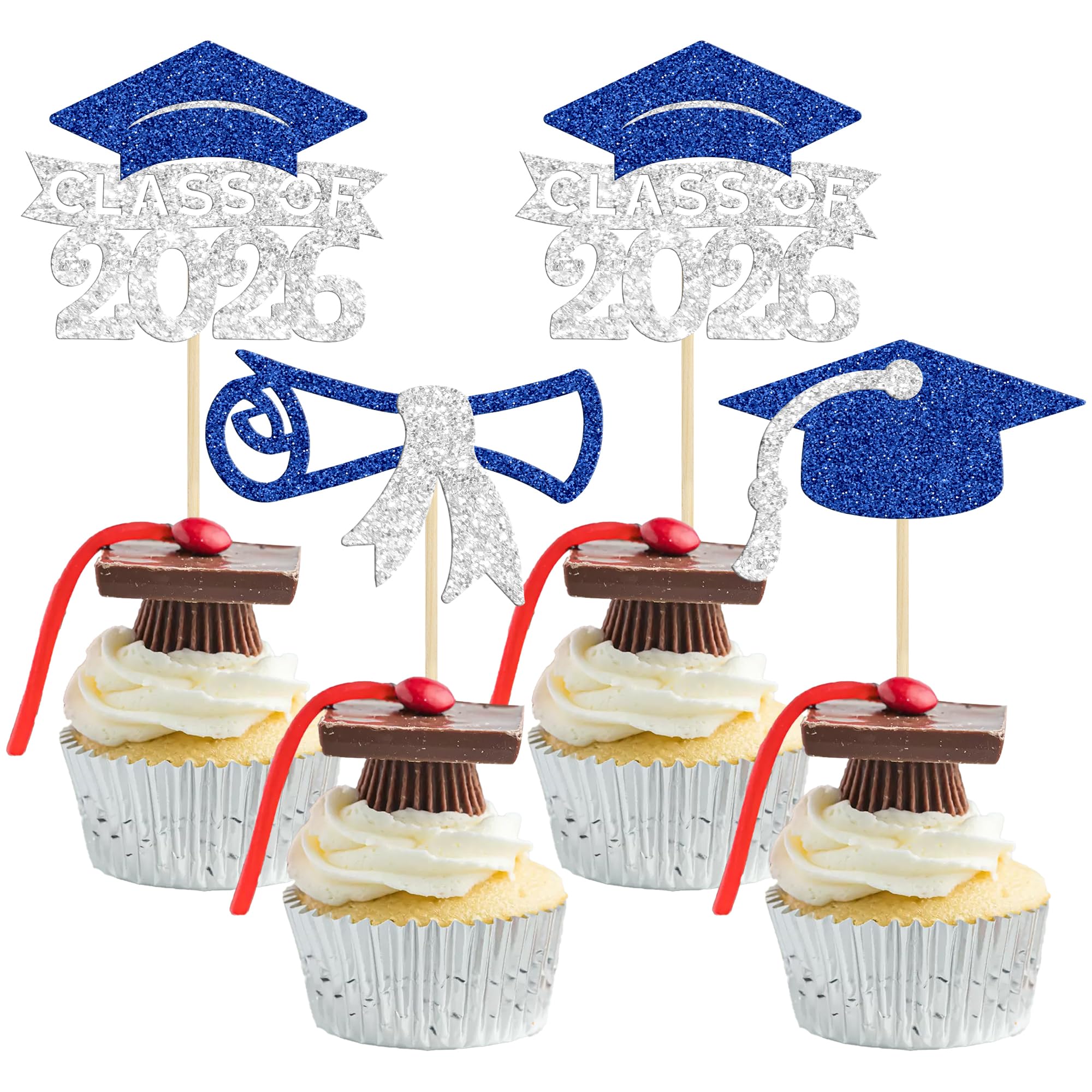 Gyufise 24Pcs Class of 2026 Graduation Cupcake Toppers Glitter Diploma 2026 Graduation Cap Cupcake Picks for 2026 Grad Theme Party Cake Decorations Supplies Silver Blue