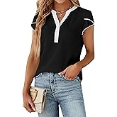 Blooming Jelly Women's Dressy Casual Tops Business Work Blouses White Button Down Shirts Cap Sleeve V Neck Tshirt