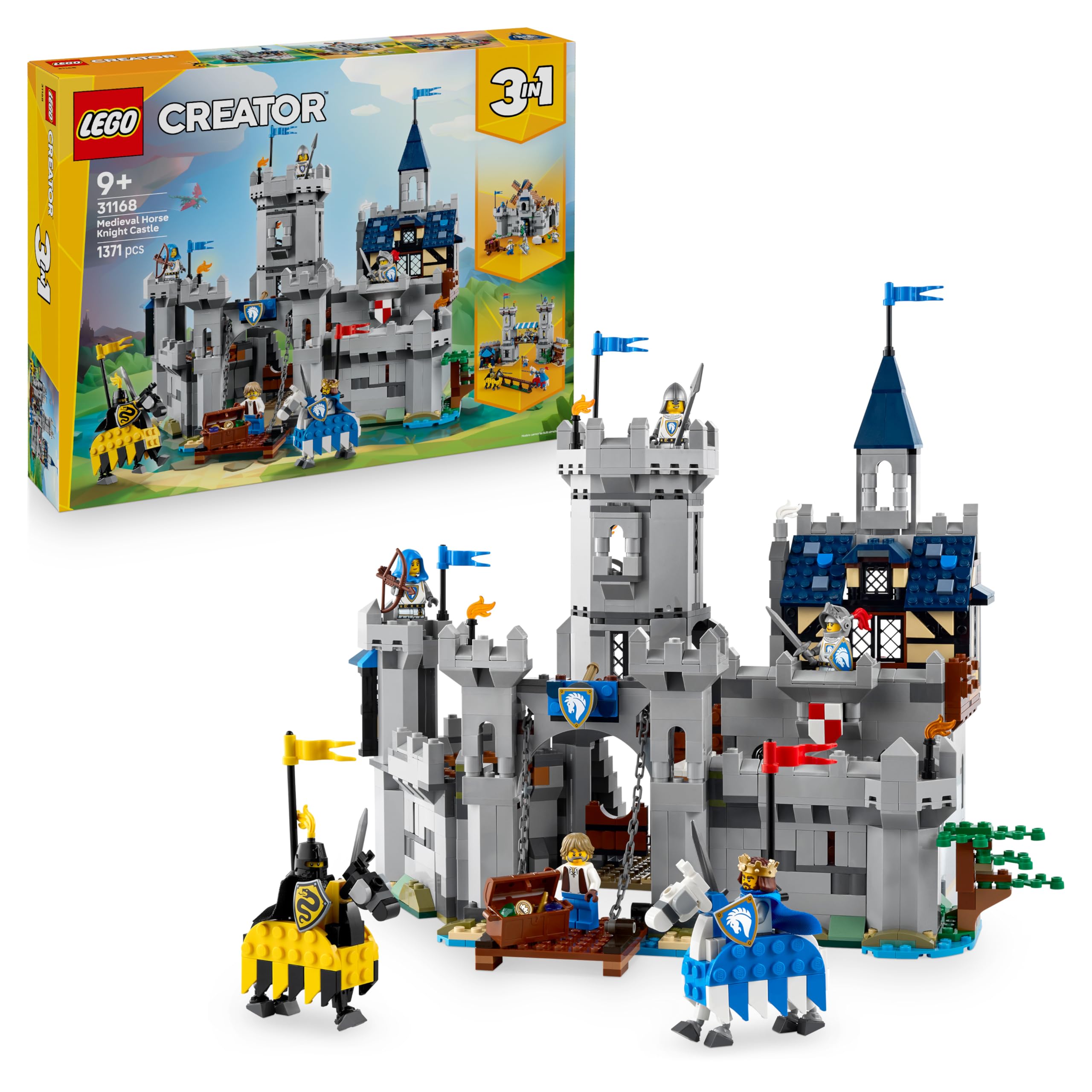 LEGO Creator 3 in 1 Castello del Cavaliere Medievale - Giocattolo Trasformabile in Scena di Torneo o in Villaggio - Include 6 Minifigure - Regalo Creativo per Bambini e Bambine da 9 Anni in su - 31168