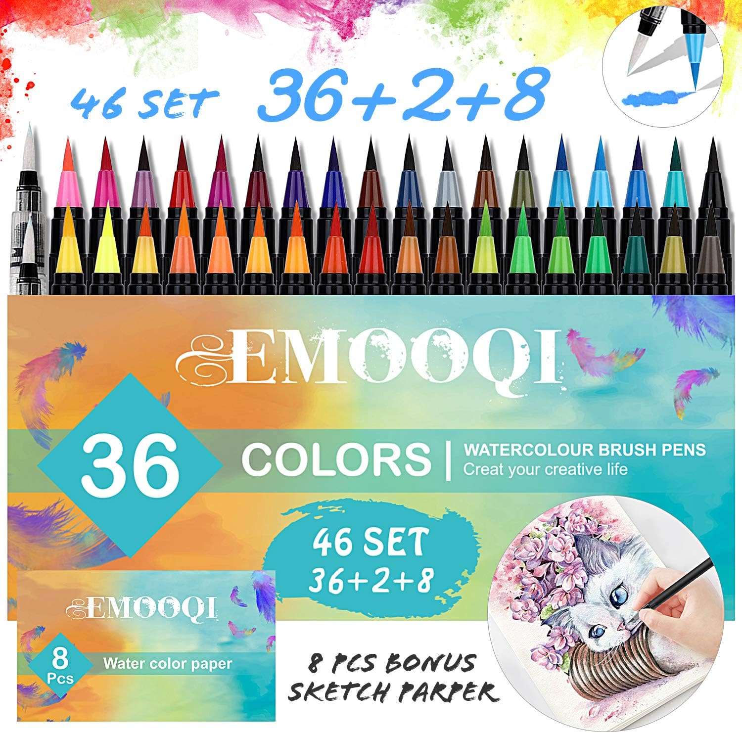 Watercolor Brush Pens, Emooqi 36 Colors for Real Brush Pens, Includes 2 Blending Brushes & 8 Watercolor Paper, for Artists and Beginner Painters to Colouring Books, Calligraphy, Drawing : Office Products
