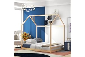 Harper & Bright Designs Montessori House Bed Twin for Kids, Toddler House Bed with Roof,Wood Floor Bed Frame for Girls Boys Bedroom Furniture, Box Spring Needed,Natural