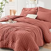 HYMOKEGE Coral Queen Comforter Set Seersucker 7 Pieces, All Season Luxury Bed in a Bag Queen for Bedroom, Bedding Set with Comforter, Sheets, Pillowcases & Shams