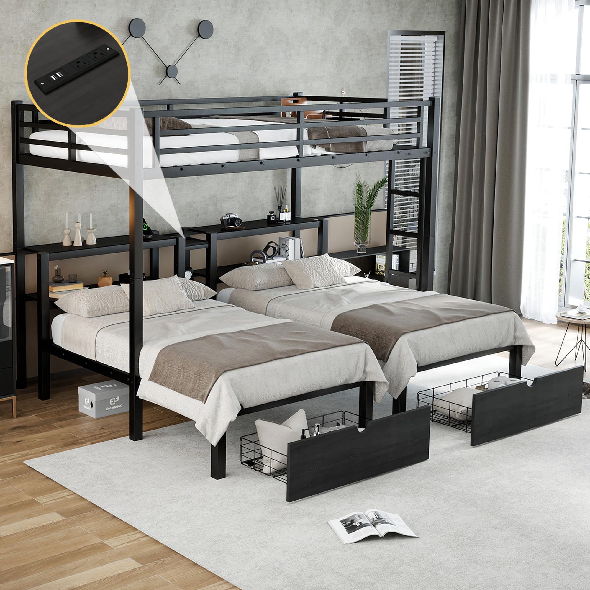 View 1 of Bellemave Heavy Duty Triple Bunk Bed with Storage Drawers, Shelves, Triple Bed with Charging Station, Full XL Over Twin Over Twin Triple Bunk for Kids, Teens, Black Triple Bunk Bed