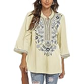 gosiea Mexican Embroidered Shirts for Women Bohemian Tops Peasant 3/4 Sleeve V Neck Shirt Tunic Blouses