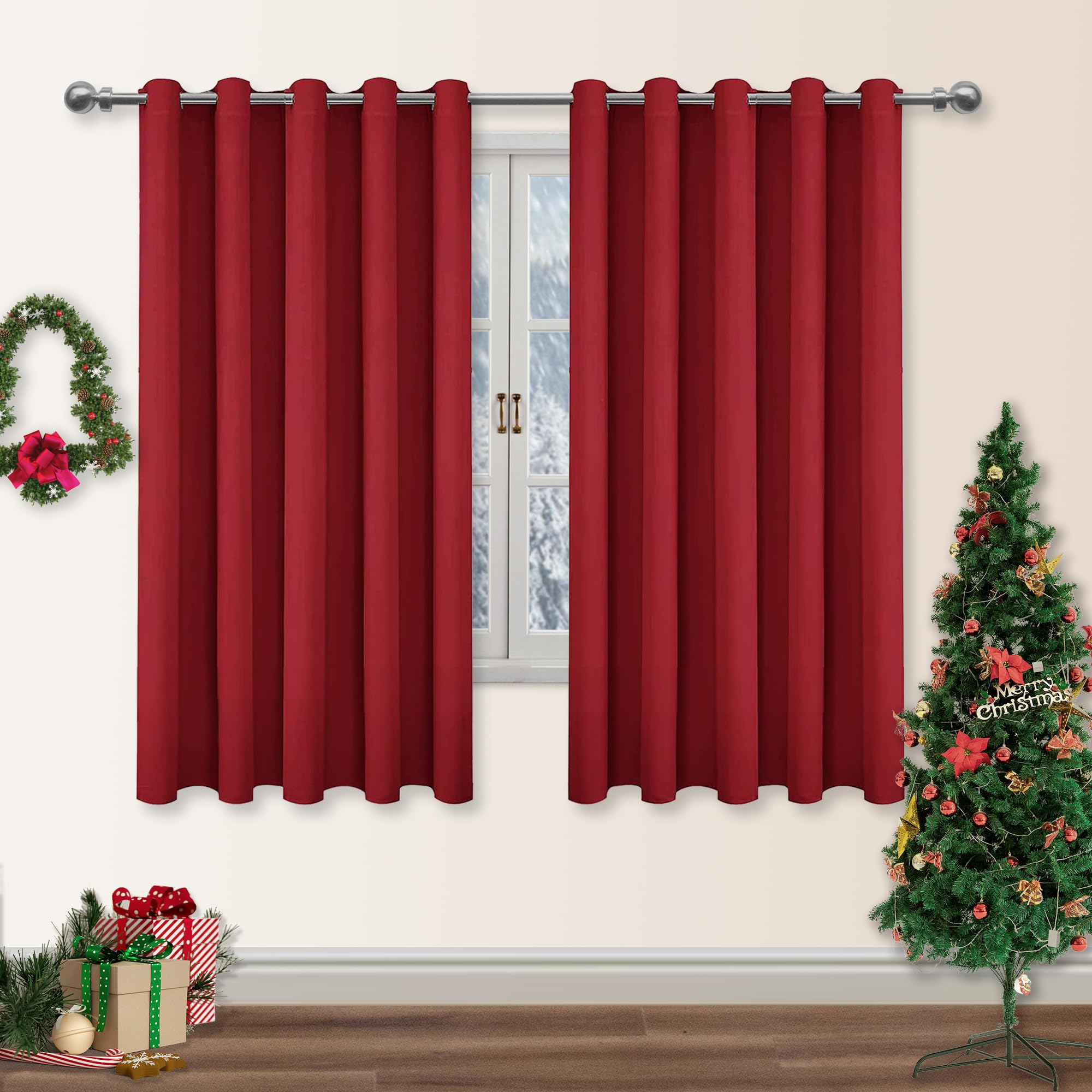 DWCN Christmas Blackout Curtains for Bedroom - Thermal Insulated Light Blocking Eyelet Window Curtains for Living Room 66 x 54 inch Length, Red, 2 Panels — image 1