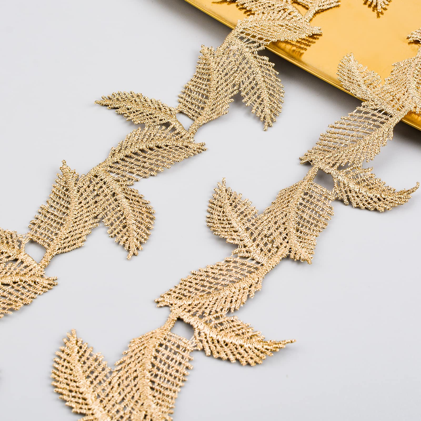 URROMA Gold Leaf Lace Trim, 5 Yards, 1.57in Width, Gold, Wedding, Formal Occasion