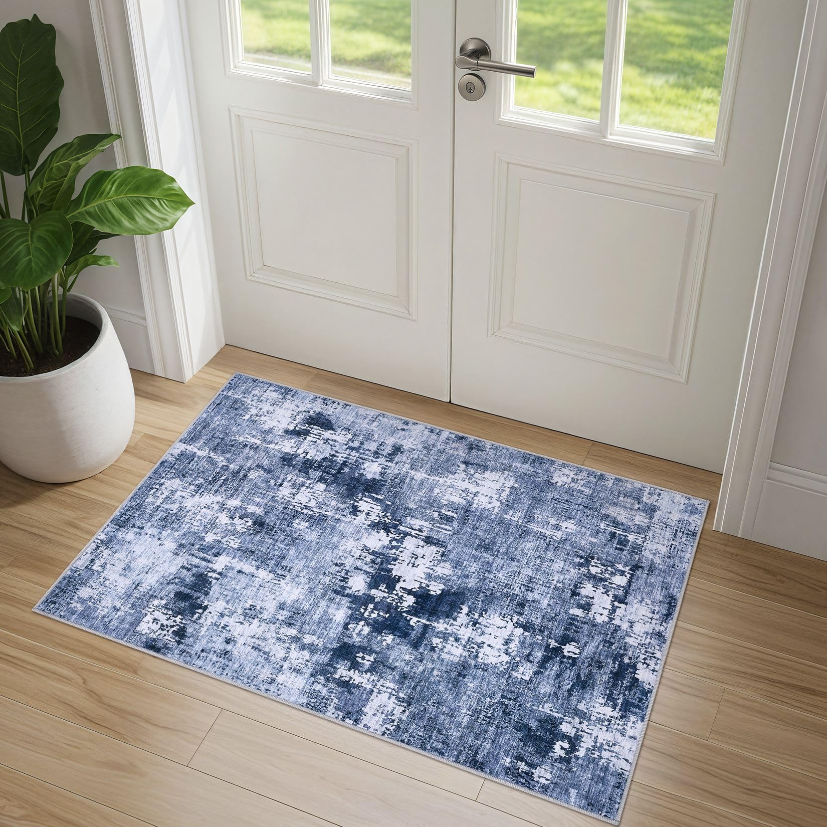 Photo 1 of DMOYEST 2x3 Entryway Area Rug: Washable Neutral Modern Abstract Small Rug - Non-Slip Low Pile Throw Indoor Carpet for Entrance Kitchen Front Door Mat Bathroom Entry Kids Room - Navy Blue