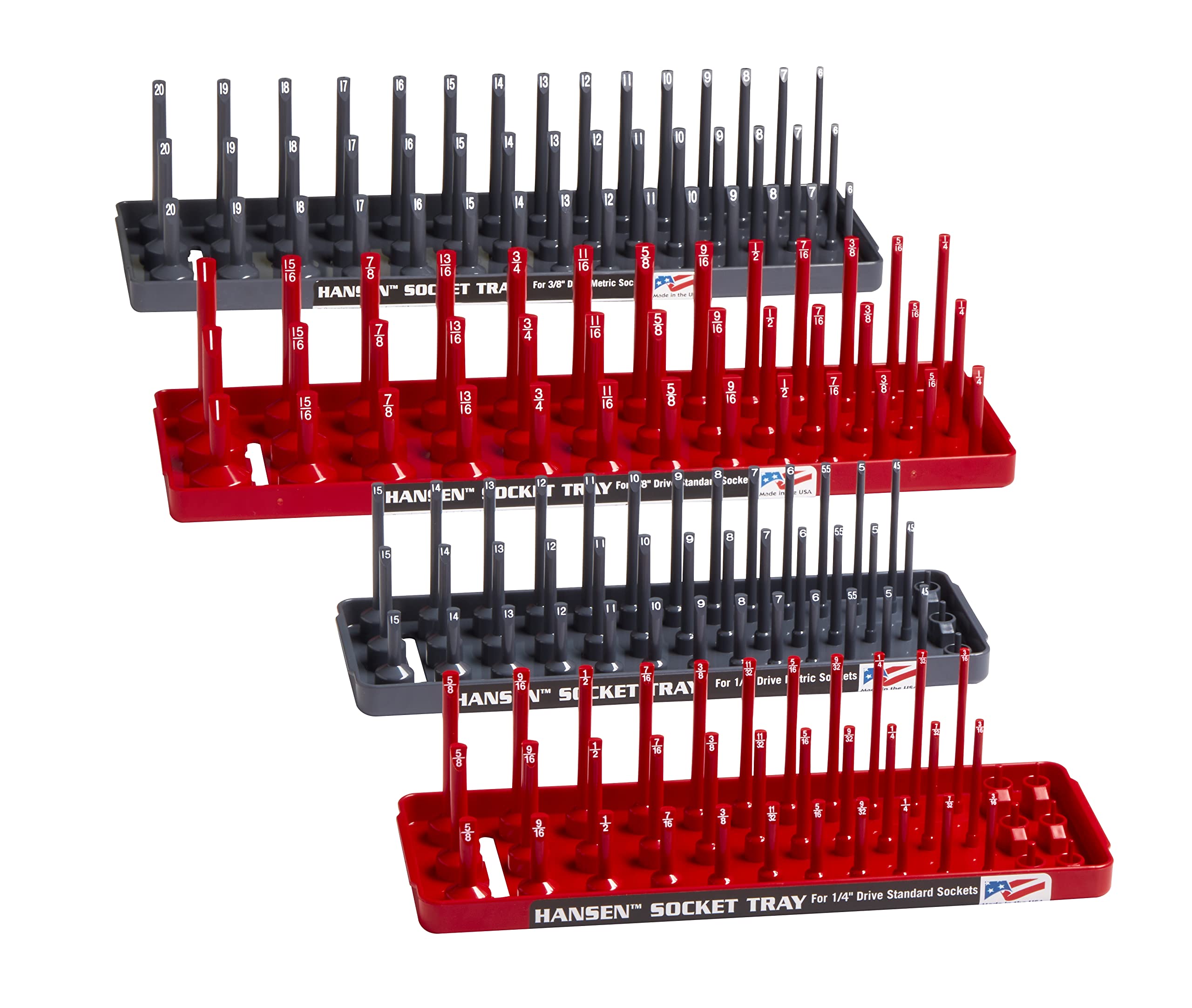 Hansen Global 92003 SAE & Metric, 3-Row Socket Tray Set - 4-Pieces, Red & Grey