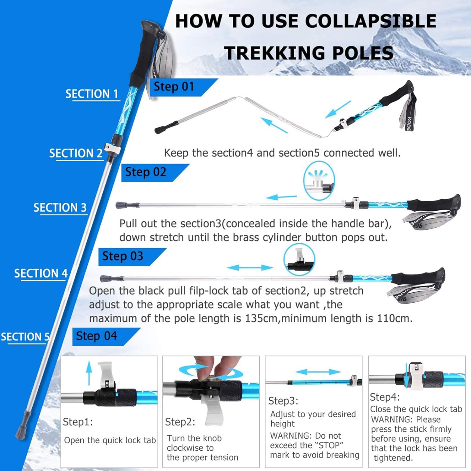 Koviti Trekking Poles - Collapsible Hiking Poles 2pc Pack, Strong Lightweight Walking Sticks with 8 Season Accessories, Aluminum Alloy 7075, Adjustable Quick Lock for Hiking, Camping : Sports & Outdoors