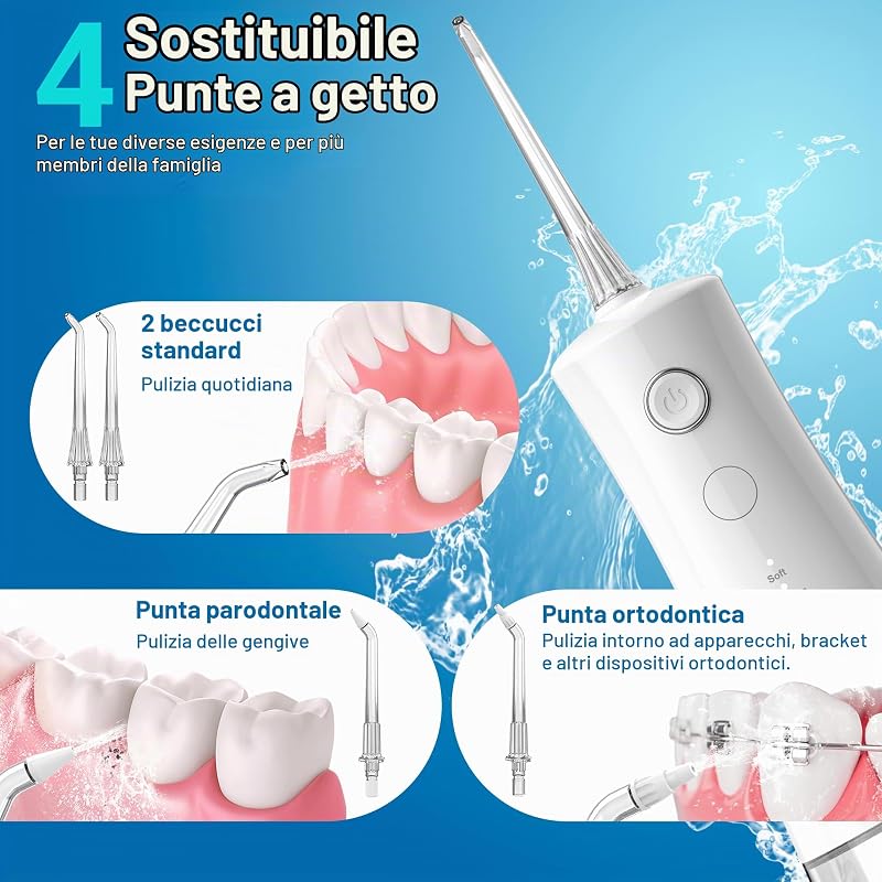 Idropulsore Advanced, 5 modalità di pressione e serbatoio capiente da 340 ml, irrigatore orale impermeabile IPX8, 4 punte a getto e blocco da viaggio, idropulsore portatile QR-7104 (bianco)