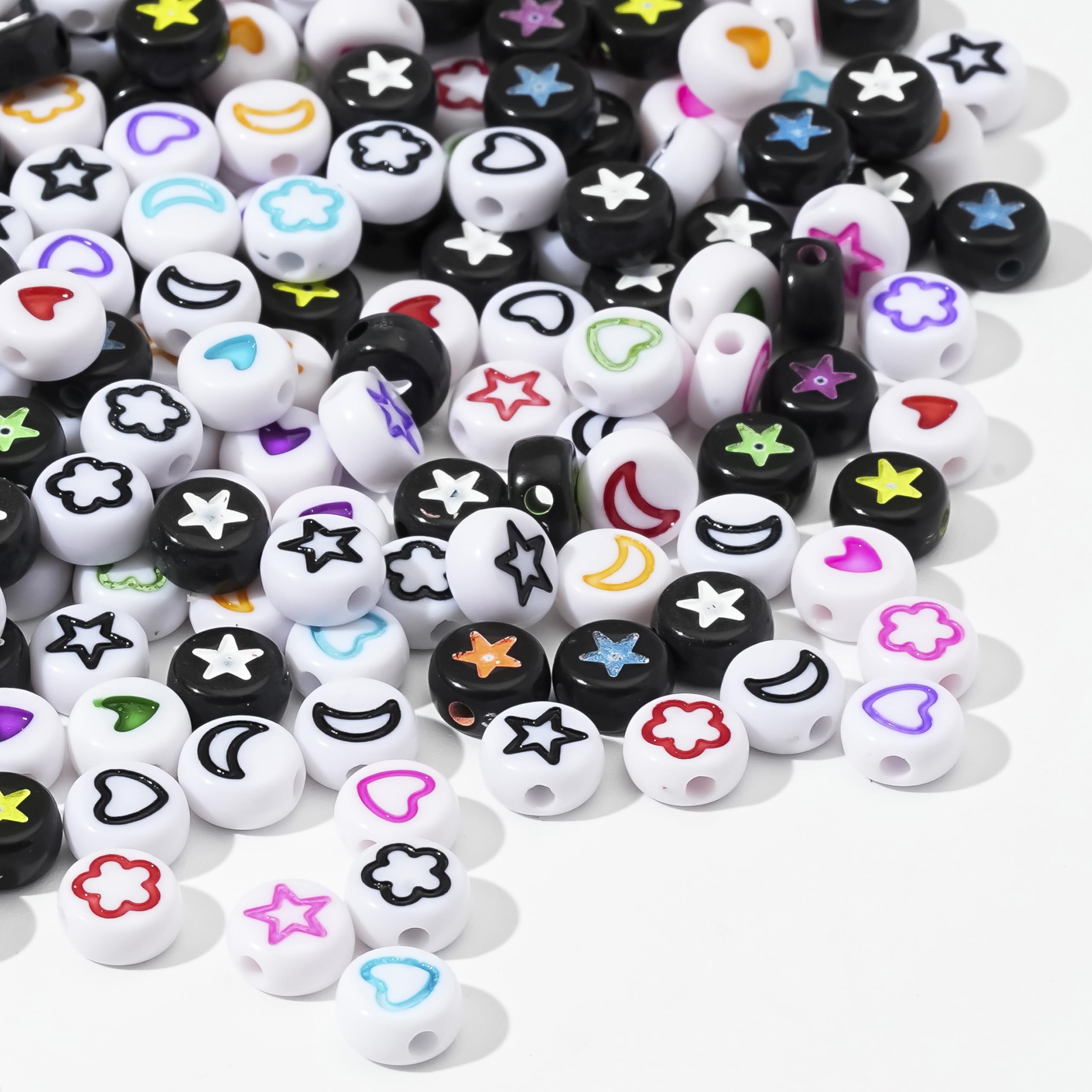 HERZWILD 500pcs Beads for Threading - Heart, Star, Flower, Moon, Pearl, Colourful Acrylic for DIY Jewellery Making Bracelets Necklaces Key Chain (Moon)