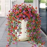 ZFProcess Artificial Hanging Flowers for Outdoors, 2 Pcs Fake Hanging Plant Spring Summer Decor, UV Resistant No Fade Realistic Faux Flower for Front Door Porch Planter Patio Garden Yard(Red Purple)