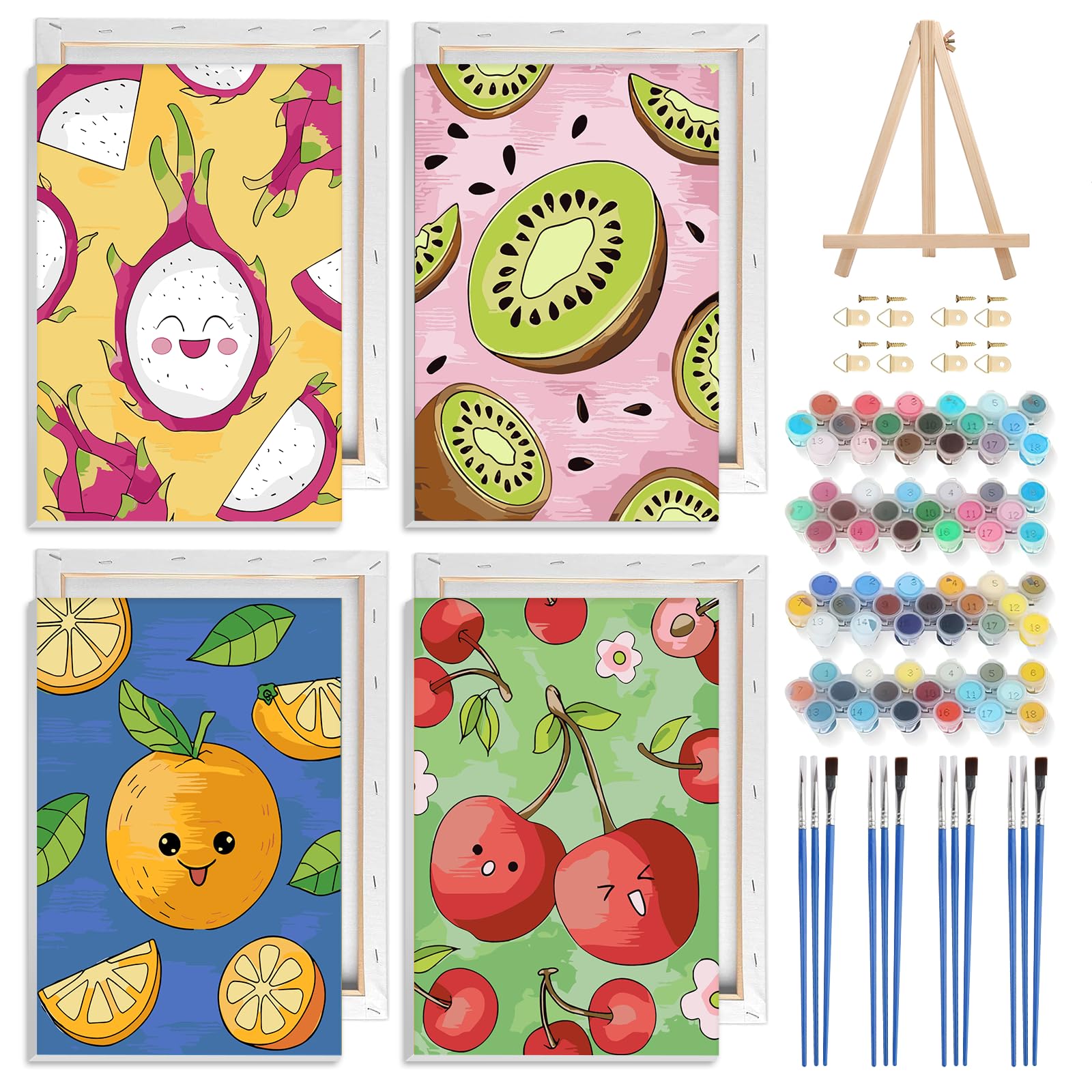 NAIMOER 4 Pack Framed Paint by Numbers Fruit for Adults Kids, DIY Lemon Strawberry Paint by Numbers for Boys Girls, Art on Canvas Gifts Home Wall Decor 8x12in — image 1