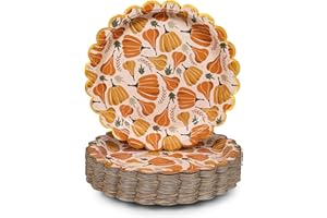 Confettiville Thanksgiving Paper Plates, 50-Count Disposable Thanksgiving Dinner Plates, Scalloped, Party Supplies, Pumpkins, Peach