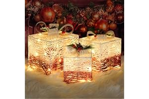 IHEQARD Set of 3 Christmas Lighted Gift Boxes Decorations, Battery-Powered Light Up 60 LED Presents Boxes for Xmas Tree Home Yard Lawn Indoor Outdoor Decor (Red)