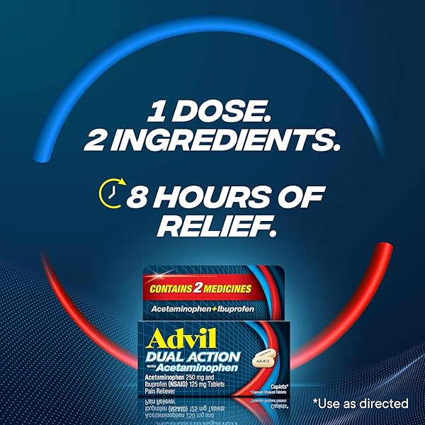 ADVIL DUAL ACTION COATED CAPLETS, 125 MG IBUPROFEN AND 250 MG ACETAMINOPHEN PER DOSE (2 DOSE EQUIVALENT) FOR 8 HOUR PAIN RELIEF – 216 COUNT