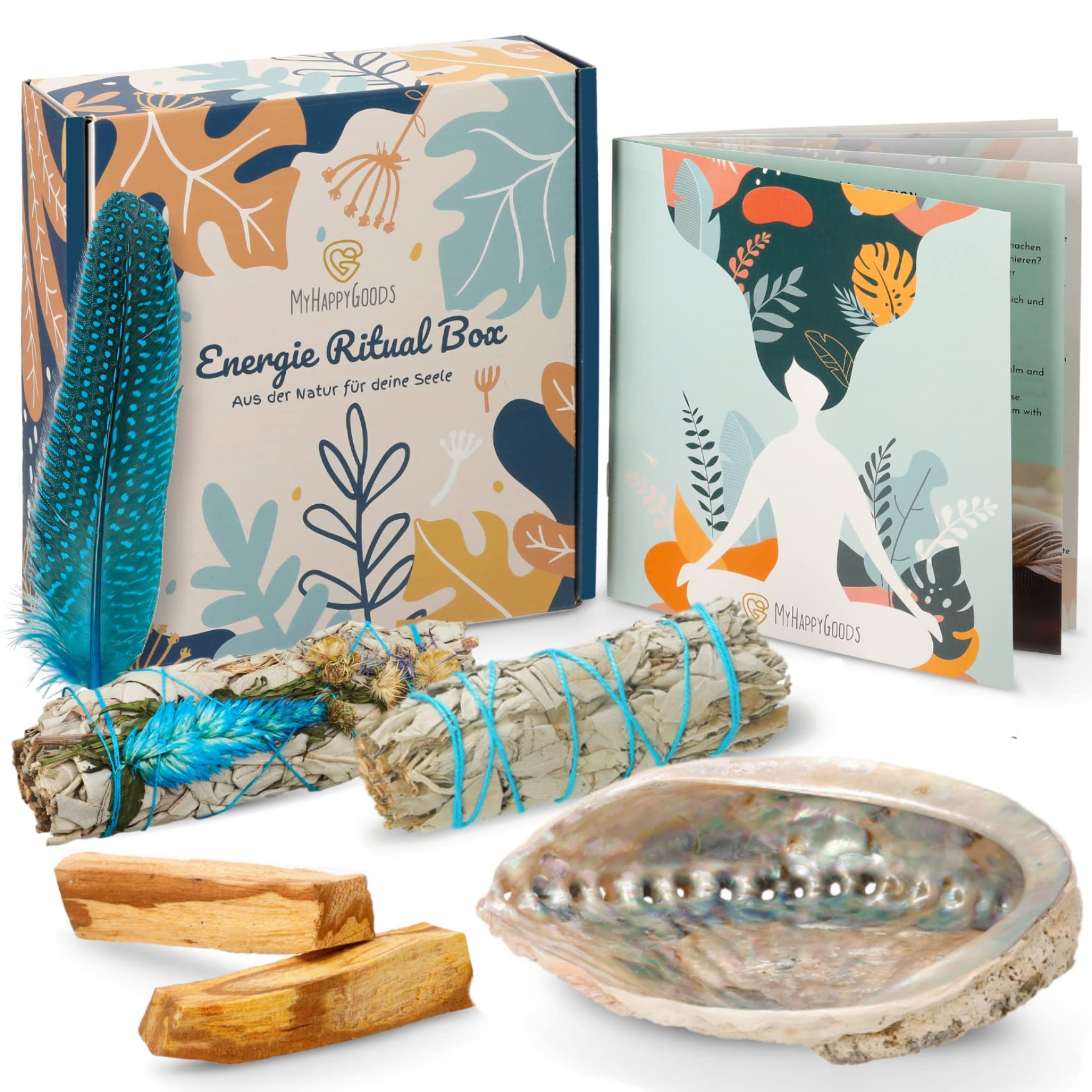 MyHappyGoods Premium Smoking Set - White Sage & Palo Santo, Large Abalone Shell, Detailed Instructions (1 Set, 1 Piece)