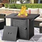 OutVue 32 inch Propane Fire Pit Table with 2 Drink Holders | Fire Pit Table with Lid &amp;Lava Rock,50000 BTU Propane Fire Pit, Outdoor Gas Fire Pit Table for Patio, Garden