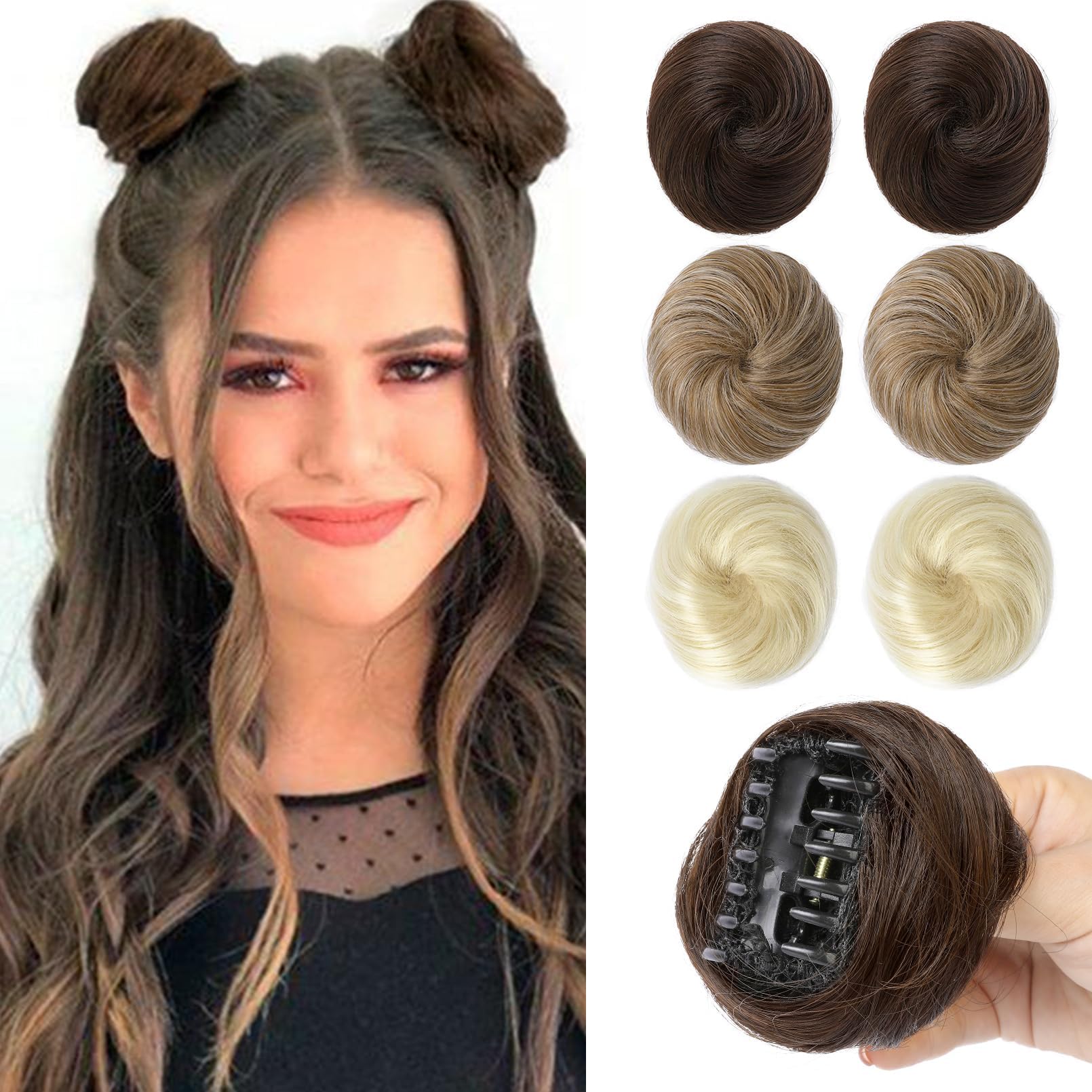 REECHO 2 PCS Mini Claw Clip in Messy & Cat Ears Hair Bun Extensions Wig Accessory Updo Hairpieces for Women Girls (Pack of 2-3" Straight, Dark Chocolate Brown)
