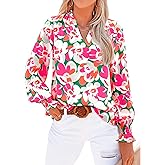 MASCOMODA Womens V Neck Floral Long Sleeve Tops 2026 Summer Casual Loose Puff Sleeve Chiffon Boho Work Blouse Dressy T Shirts