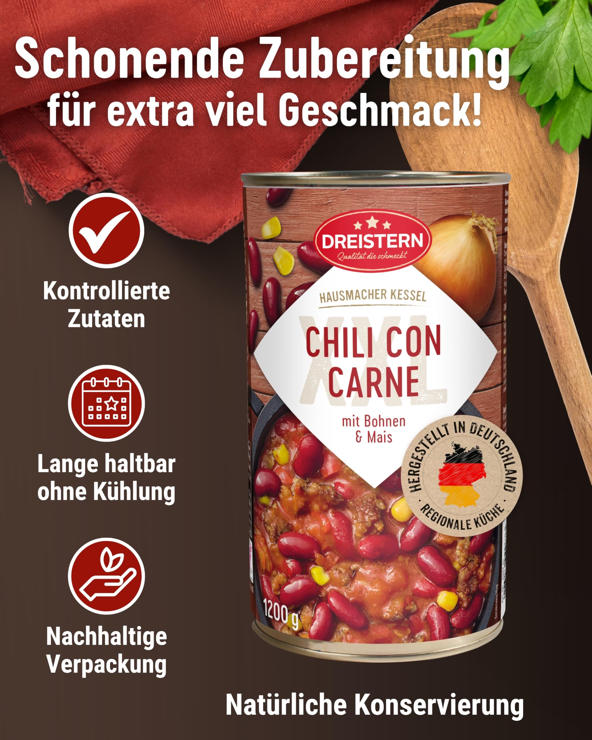 DREISTERN Chili con Carne 1200g I Mit Schweinefleisch & Gemüse I XXL Pikanter Eintopf in recyclebarer Konservendose I Lange Haltbarkeit dank natürlicher Konservierung I Hausmacher Qualität 2