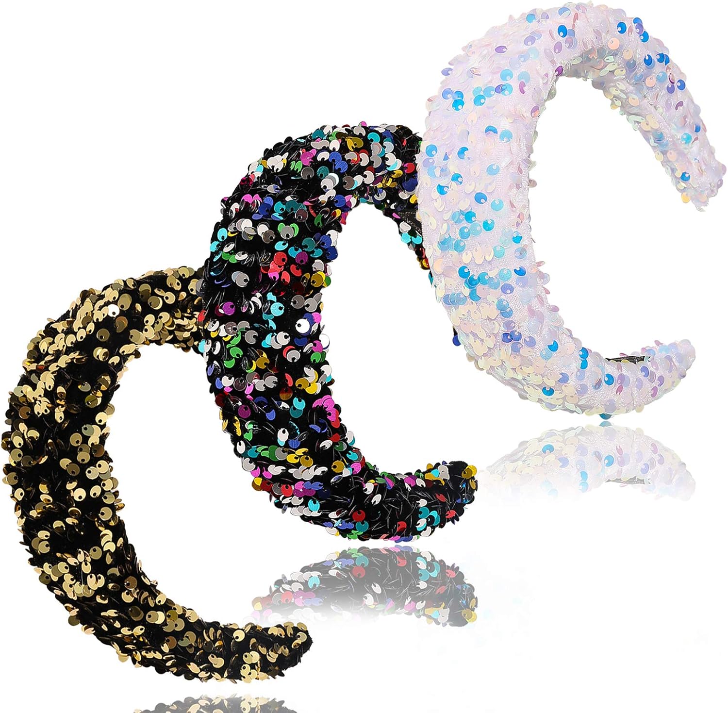 ECANGO 3 Packs Reversible Sequin Headband for Women Girls Wide Sparkly Velvet Padded Hairbands Elastic Bling Bling Hair Hoops Accessories