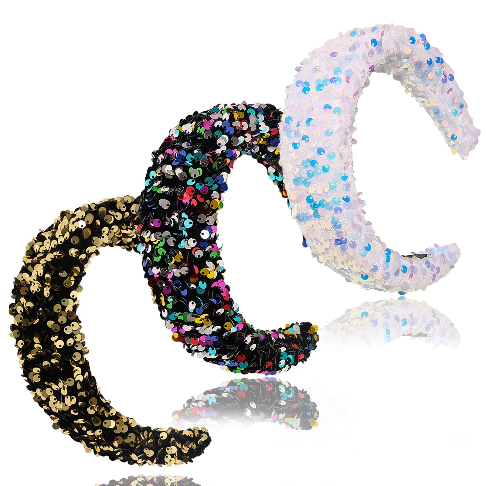 ECANGO 3 Packs Reversible Sequin Headband for Women Girls, Wide Sparkly Velvet Padded Hairbands Elastic Bling Bling Hair Hoops Accessories