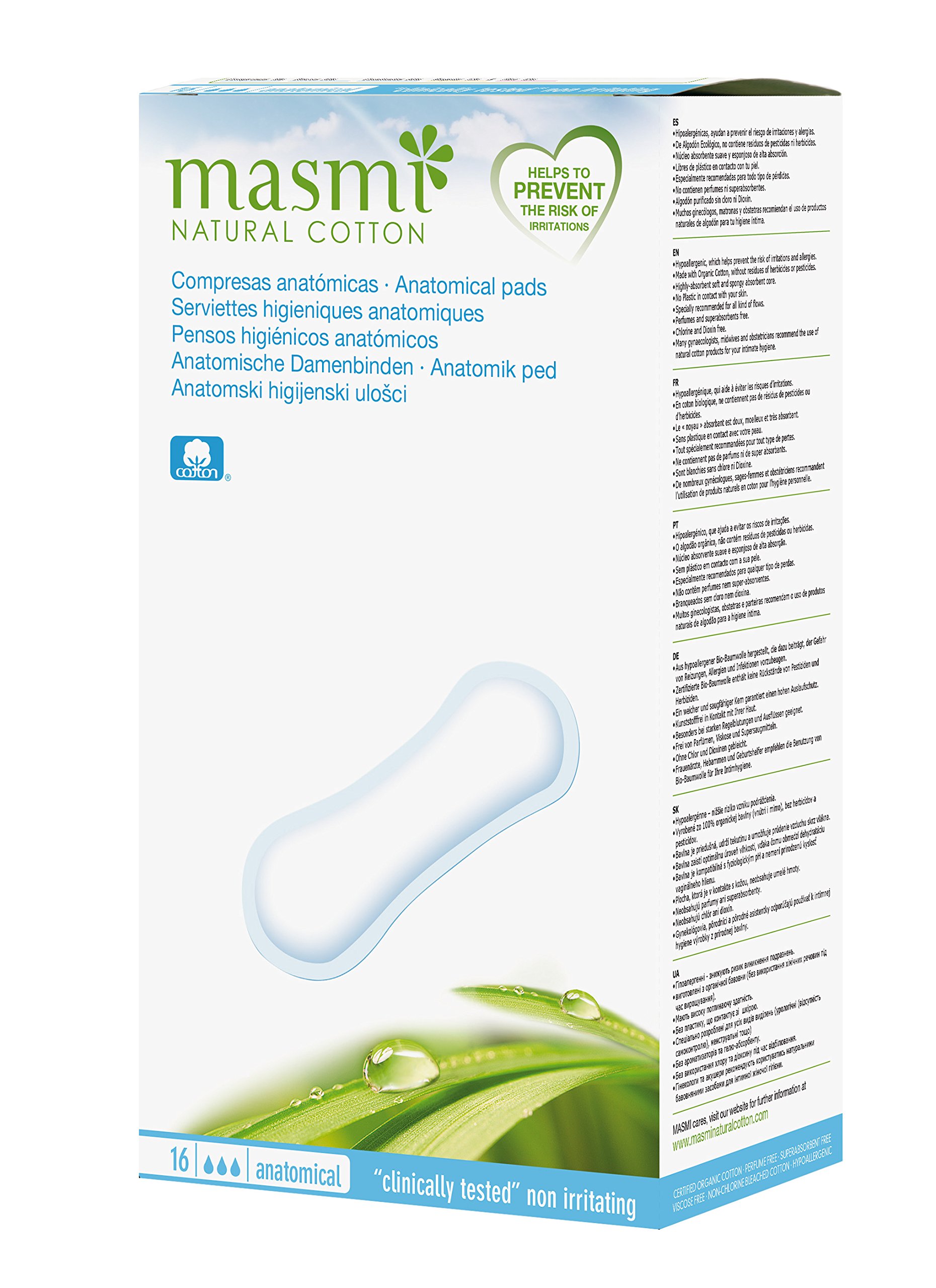 16 Masmi Anatomical Sanitary Pads for All discharges Strong menstruations Light Incontinence Surgery or After Giving Birth Certified Organic Cotton Core Biodegradable Perfume Chlorine Dioxin Free (1)