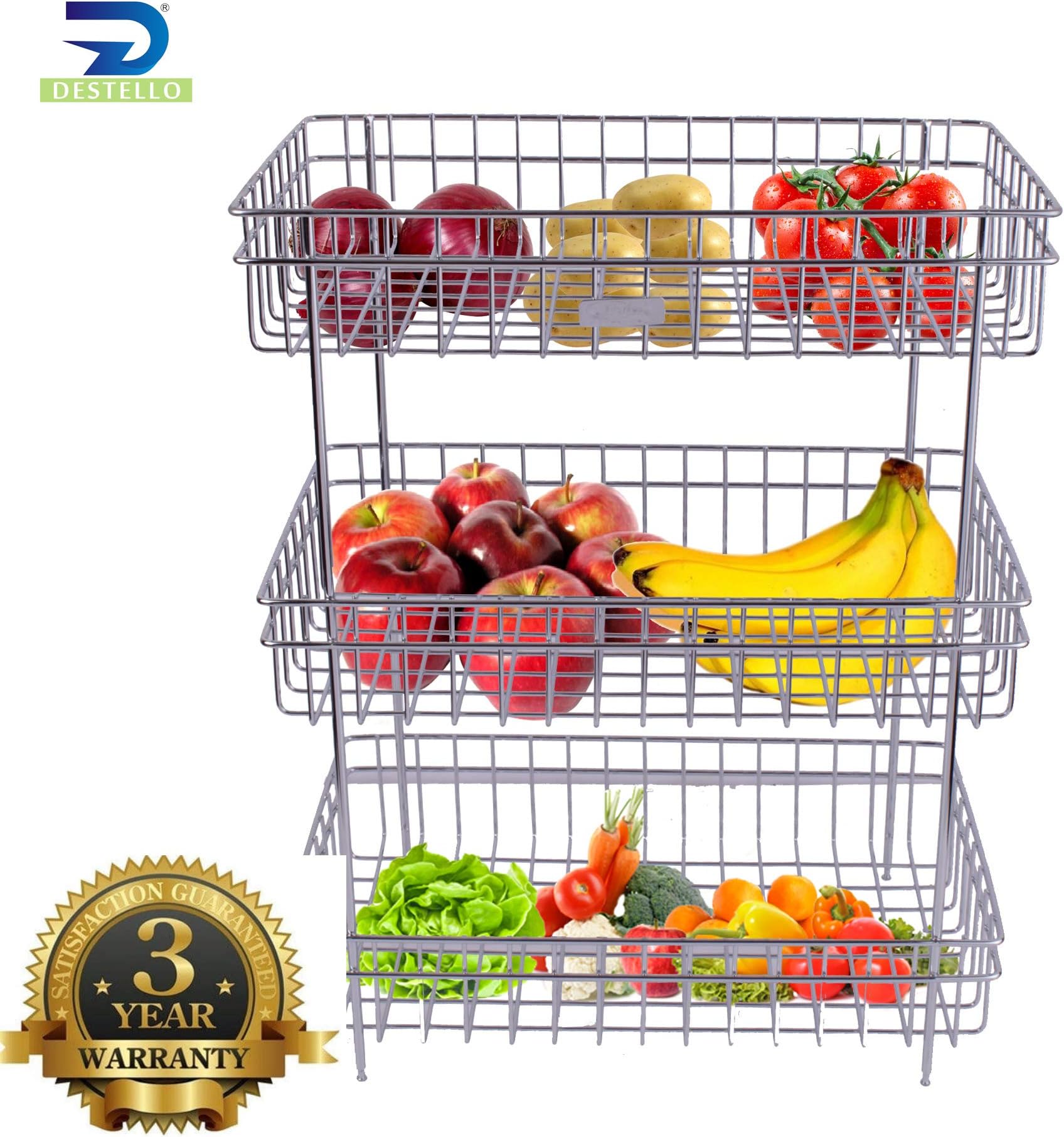 DESTELLO Stainless Steel 3-Tier Fruits & Vegetable Trolley/Basket for Kitchen (Multipurpose Kitchen Storage Shelf Rack(100% Rust Free)